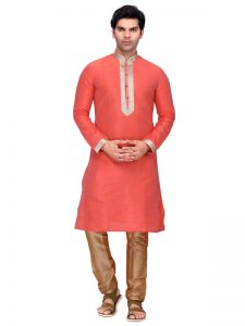 Peach Colour Art Silk Kurta Pajama For Men