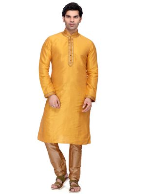 Yellow Colour Art Silk Kurta Pajama For Men