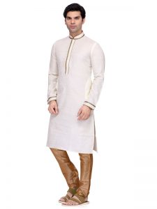 White Colour Art Silk Kurta Pajama For Men