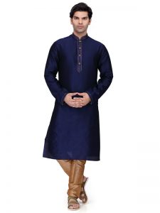 Navy Blue Colour Art Silk Kurta Pajama For Men