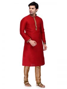 Red Colour Art Silk Kurta Pajama For Men