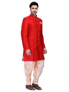 Red Colour Art Silk Kurta Pajama For Men