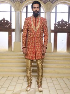 Red Colour Raw Silk Machine Work & Hand Work Sherwani