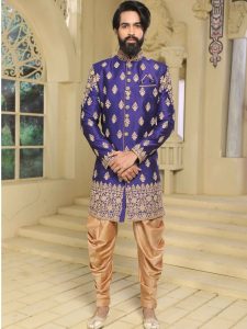 Blue Raw Silk Machine Work & Hand Work Sherwani