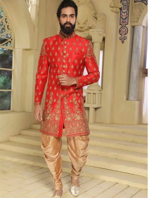 Red Raw Silk Machine Work & Hand Work Sherwani