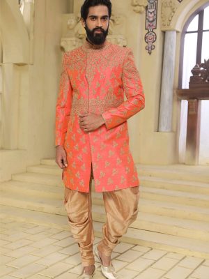 Pink Raw Silk Machine Work & Hand Work Sherwani