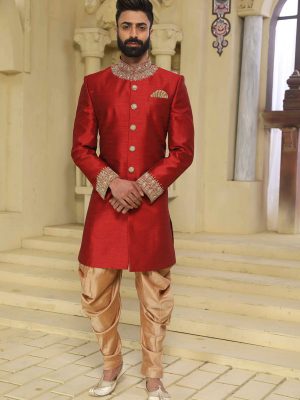 Maroon Raw Silk Machine Work & Hand Work Sherwani