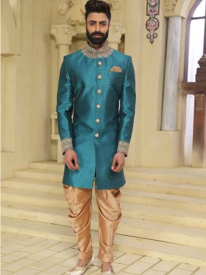 Turquoise Raw Silk Machine Work & Hand Work Sherwani