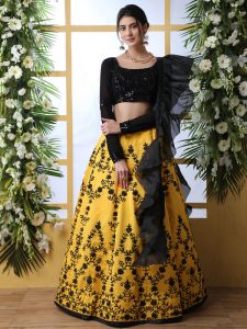 Yellow Thread Embroidered Work With Stone Pasting Bridal Lehenga Choli