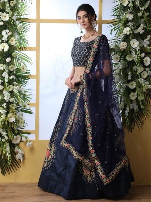 Navy Blue Coding And Thread With Sequence Embroidered Work Bridal Lehenga Choli