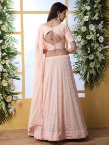 Peach Thread With Sequence Embroidered And Pearl Stone Pasting Work Bridal Lehenga Choli