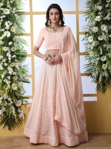 Peach Thread With Sequence Embroidered And Pearl Stone Pasting Work Bridal Lehenga Choli