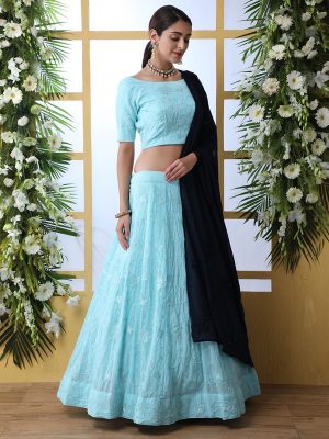 Sky Blue Thread With Sequence Embroidered Work Bridal Lehenga Choli