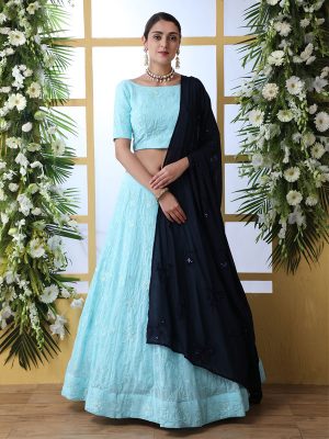 Sky Blue Thread With Sequence Embroidered Work Bridal Lehenga Choli