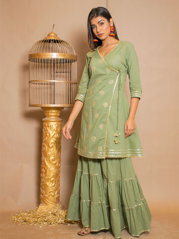 Kishori Cotton Gota Work Mehndi Green Dresses