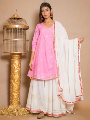 Bandhani Cotton Gota Work Pink Dresses
