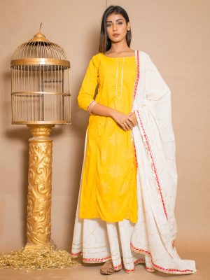 Bandhani Cotton Gota Work Yellow Dresses