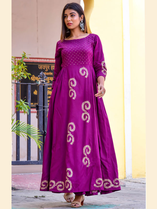 Purple Jaam Silk Hand Block Printing Reception Wear Gown - Zakarto