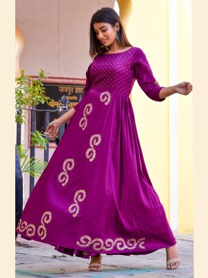 Purple Jaam Silk Hand Block Printing Reception Wear Gown