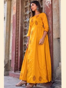 Mustard Jaam Silk Hand Block Printing Wedding & Party Wear Gown