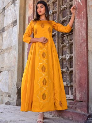 Mustard Jaam Silk Hand Block Printing Wedding & Party Wear Gown