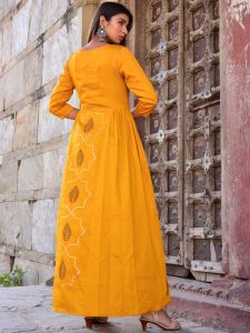 Mustard Jaam Silk Hand Block Printing Wedding & Party Wear Gown