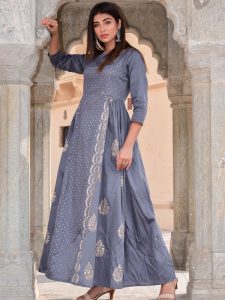 Grey Hand Print Silk Kurtis Traditional Wear Gown