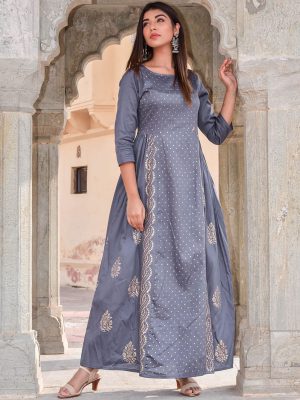 Grey Hand Print Silk Kurtis Traditional Wear Gown