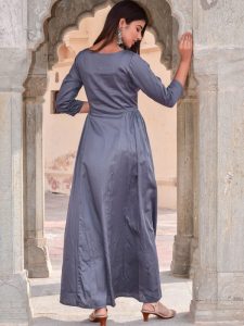 Grey Hand Print Silk Kurtis Traditional Wear Gown