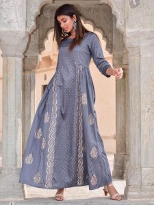 Grey Hand Print Silk Kurtis Traditional Wear Gown