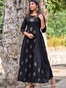 Black Jaam Silk Hand Block Printing Wedding & Party Wear Gown