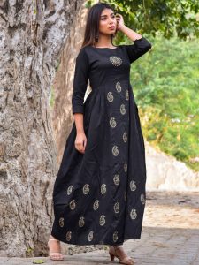 Black Jaam Silk Hand Block Printing Wedding & Party Wear Gown