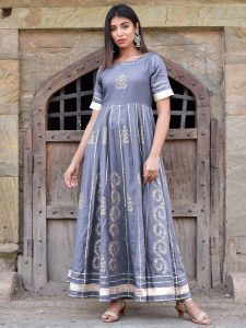 Grey Hand Print Silk Kurtis Anarkali Style