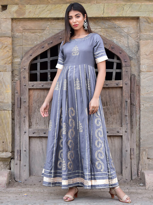 Multicoloured Kalamkari Print Work Pure Silk Anarkali Gown – Maharani