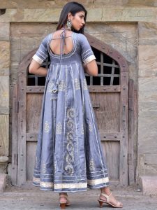 Grey Hand Print Silk Kurtis Anarkali Style