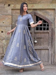 Grey Hand Print Silk Kurtis Anarkali Style