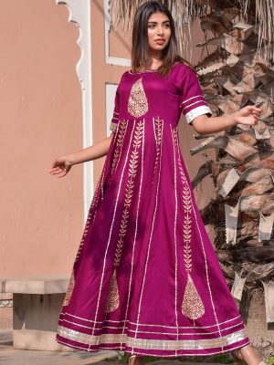 Purple Jaam Silk Hand Block Printing Anarkali Style Kurti