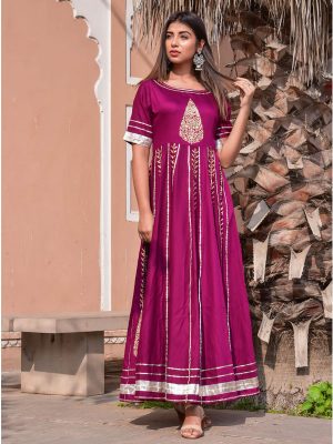 Purple Jaam Silk Hand Block Printing Anarkali Style Kurti