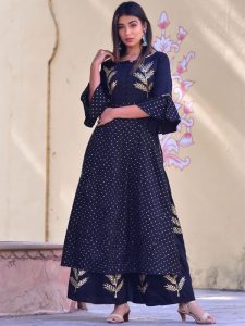 Black Jaam Silk Hand Block Printing Kurta And Plazzo