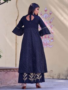 Black Jaam Silk Hand Block Printing Kurta And Plazzo