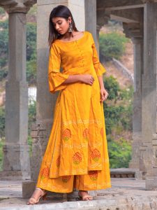 Mustard Jaam Silk Hand Block Printing Kurta And Plazzo