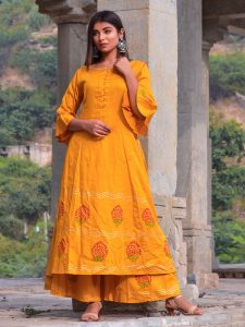 Mustard Jaam Silk Hand Block Printing Kurta And Plazzo