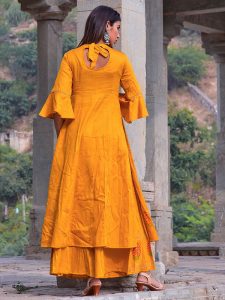Mustard Jaam Silk Hand Block Printing Kurta And Plazzo