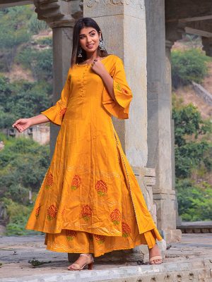 Mustard Jaam Silk Hand Block Printing Kurta And Plazzo