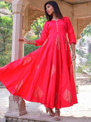 Gajri Jaam Silk Hand Block Printing Anarkali Style Kurti