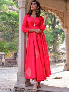 Gajri Jaam Silk Hand Block Printing Anarkali Style Kurti