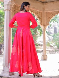 Gajri Jaam Silk Hand Block Printing Anarkali Style Kurti