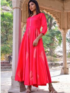 Gajri Jaam Silk Hand Block Printing Anarkali Style Kurti