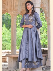 Grey Jaam Silk Hand Block Printing Style Kurta And Plazzo