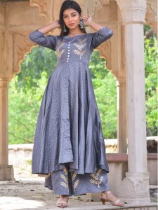 Grey Jaam Silk Hand Block Printing Style Kurta And Plazzo